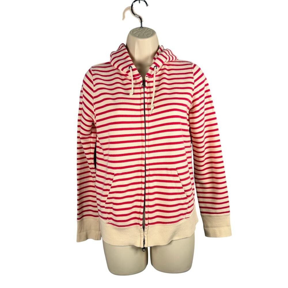 Uniqlo‎ Hoodie Womens Small Pink White Striped Cotton Blend Terry Lined Zip Up